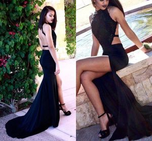 Sexy Black Mermaid Prom Dresses Halter Neck Open Back High Split Evening Gowns Appliques Sequined Satin Long Women Party Occasion Wears