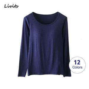 Frauen T-Shirts Buili-in Bh Gepolsterte Dehnbare Modal Tops T-shirts Langarm Plain Sexy Casual Koreanische Frühling Herbst SA0067 240219