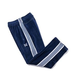 Blue White Stripe Mesh Velvet Track Hosen Männer Frauen Stickstringhosen Jogginghosen