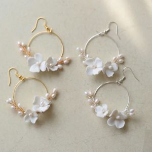 Slbridal Ins Style Sparkling Crystal Rhinestones Porslin Flower Freshwater Pearls Bridal Wedding Earring Women Girls Earrings 240220