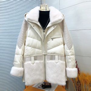 Jaquetas 2023 inverno nova gola de pele de vison casaco de pele para mulheres atmosfera high end quente branco ganso para baixo casaco com capuz para mulher