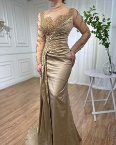 2024 Luxury Rose Gold Mermaid Evening Pageant Dress Long Sleeve High Neck Pärlor Paljetter Kvinnor Prom Formella klänningar över-kjol Vestidos de Fiesta