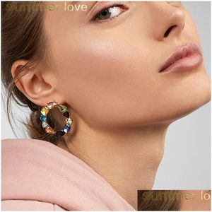 Hoop Huggie Boho Round Circle Colorf Crystal Pendant Drop Earrings Women Wedding Plating Alloy Statement Hoop Jewelry Dro Dhgarden DH87K