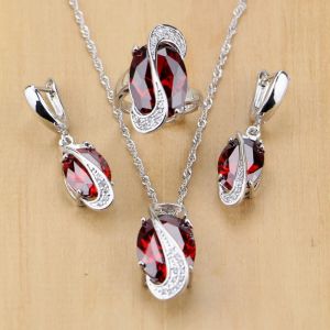 Set Mystic Oval Red Zircon White Crystal 925 Silver Smyckesuppsättningar för kvinnor Bröllopstillbehör Örhängen/Pendant/halsband/ringar T078