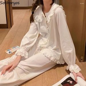 Mulheres sleepwear pijama conjuntos mulheres manga longa renda sólida o-pescoço doce meninas bonito confortável nightwear simples aconchegante princesa kawaii casual