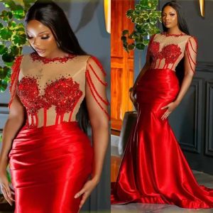 2024 Red Arabic Aso Ebi Evening Dresses Beads Sheer Neck Exposed Boning Mermaid Women Formal Prom Gowns Night Party Robes Outfit