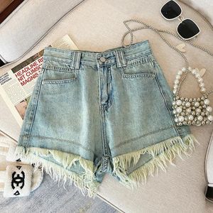 Frauen Shorts Weiß Denim Frauen High-Taille Ripped Fransen Grat Hosen 2024 Sommer Lose Breite Bein Koreanischen Stil kurze Femme