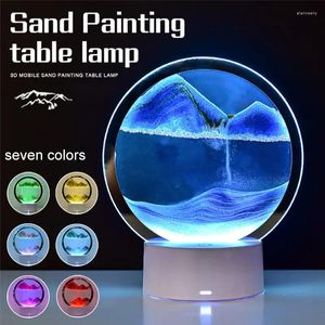 Night Lights Round Quicksand Painting Glass Craft Gift Creative Home Decoration 3D Stereo Art Hourglass Table Lamp