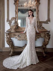 Deep V Mermaid Tail Long Sleeve Naked Back Lace French Luxury Long Trailing Bridal Dress White FN2241