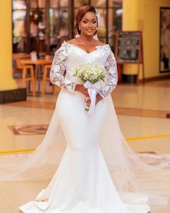 Ebi Arabic Aso White African Plus Size Mermaid Wedding Dresses With Lace Long Sleeve Beach Garden Bridal Gowns Soft Satin Simple Embroidery