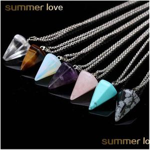 Pendant Necklaces Trendy Natural Crystal Stone Pendant Necklace For Women Unique Design Hexagonal Cone Tapered Opal Jewelry Wholesale Dhvth