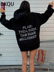 Womens Hoodies Sweatshirts BKQU Letter Rhinestone Long Sleeve Sweatshirt Hoodies Women Black Hot Diamonds Loose Oversized Female Pullovers Streetwear 2023 T2402