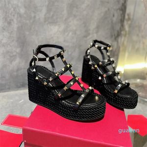 Schwarze Häkel-Keilsandalen für Damen, gewebte Plateau-Hausschuhe, klobige Seilsohle, Espadrille-Damen-Plattform-Absatz-Wedgies