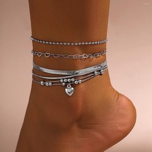 Cavigliere retrò a forma di cuore con ciondolo piedi catena da donna 2024 multistrato in metallo con perline serpente gioielli di moda per ragazze
