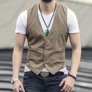 Negócios masculinos estilo britânico retro linho colete verão seção fina magro três botões com decote em v fino cavalheiro casual formal