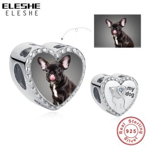 Grânulos Eleshe 925 Sterling Silver Heart Bead Eu amo meu cão personalizado foto charme caber pulseira original bonito animal de estimação diy jóias 2023 novo