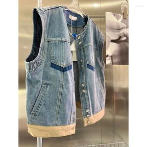 Kvinnors västar high street retro runda hals vår sommar chic lapptäcke ärmlösa fickor lös cardigan knapp denimrock