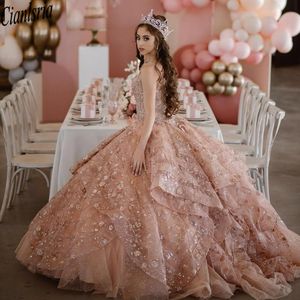 Formell rose champagne quinceanera klänningar spets applikation paljett vestidos de 15 anos söt 16 bollklänning prom klänning spetsar bakåt