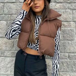 Coletes novo colete inchado feminino zip up gola sem mangas leve acolchoado cortado puffer acolchoado colete inverno casaco quente jaqueta 452