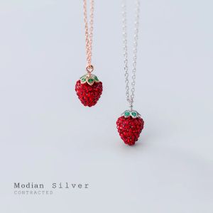 Necklaces Modian Genuine 925 Sterling Silver Fashion 3D Strawberry Pendant Necklace for Women Crystal Chain Link Necklaces Fine Jewelry