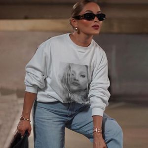 Şekil Baskı Sweatshirt Bahar Kadın Giysileri Yuvarlak Boyun Uzun Kollu Pamuklu Hoodie Kadın Günlük Şık Grafik Sweatshirts Vintage Luxury All-Match Street Giyim Üstleri