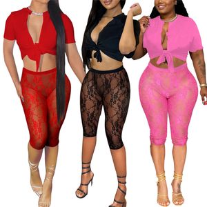 2024 Tasarımcı Trailtsitits Bahar İki 2 Parça Set Kadın Kıyafetleri Kısa Kollu Bandaj Gömlek Mesh Kısa Pantolon Katı Trailsuits Kulüp Giyim Toptan Kıyafetler 10668