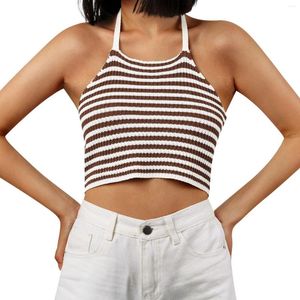 Women's Tanks Simple Sexy Striped Crochet Halter Camisole Tops Women Sleeveless Backless Lace Up Tank Top Holiday Summer Casual Crop