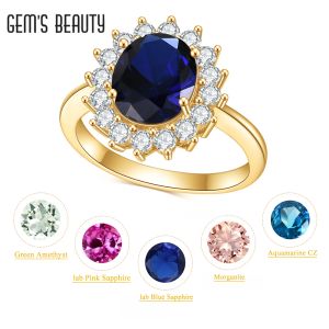 Rings's Beauty Beauty Princess Diana Inspired Oświadczenie Pierścionek zaręczynowy 14K Gold Sillerling Silver Lab Sapphire Birthstone Pierścień