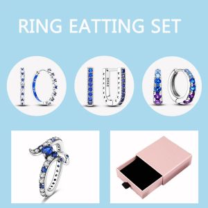 Set 5st/Lot Blue Zirconium Star Ushaped Hoop Earrings Night Sky 925 Silver Snake Ring For Women smycken Ringar Set med presentförpackning