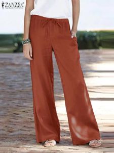 Jeans 2023 ZANZEA Solid Color Pure Cotton Wide Leg Pant Summer Stylish Vintage Pantalon Casual Loose Trousers Woman Pockets Palazzo