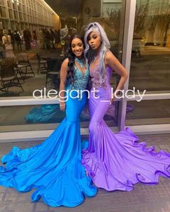 Blue Purple African Mermaid Evening Formal Dresses for Women Luxury Crystal Applique Prom Ceremony Dress vestidos de fiesta