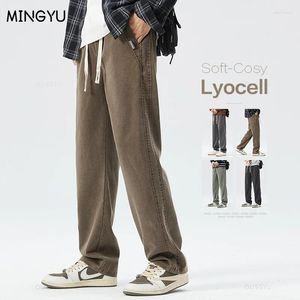 Mäns jeans Autumn Winter Upgrade Lyocell Tyg Tjock Loose Straight Elastic Waist Korea Casual Trousers Plus Size M-5XL