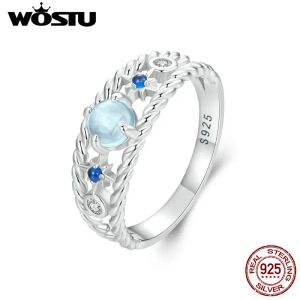 Anelli WOSTU 925 Sterling Silver Hollow Out Star Moon Ring Blue Spinel Shiny CZ Party Anelli Elegante regalo di gioielli per la mamma amante figlia