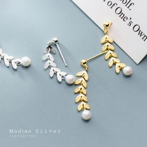 Earrings Modian Authentic 925 Sterling Silver Long Tree Branch Leaves Elegant Pearl Drop Dangle Earring for Women OL Style Fine Jewelry
