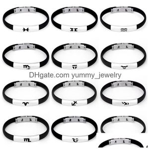 Charm Bracelets 12 Constellations Stainless Steel Bracelets Cuff Men Black Rubber Chain Charm Wristband Bangles Zodiac Design Jewelry Dhteo
