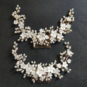 Smycken slbridal handgjorda kristall strass pärlor keramiska blommor brud hår kam bröllop hår tillbehör brudtärnor kvinnor smycken