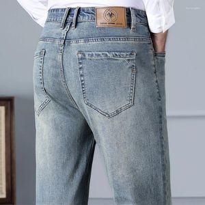 Erkekler Kot 2024 Sonbahar Düzenli Düz Retro Sıkıntılı Yüksek Bel Pamuk Elastik Denim Pantolon İş Gündelik Pantolon