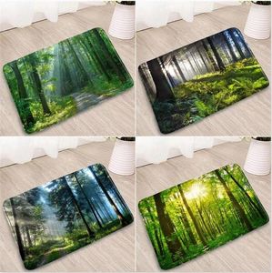 Bath Mats Trees Landscape Green Leaf Doorway Rugs Kitchen Corridor Flannel Absorbent Non-Slip Carpets Home Decoration Can Washed