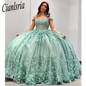Mint Green Quinceanera klänning från axelbollklänningen 3D -blommor Applices Lace Corset Sweet 15 Vestidos de xv Anos