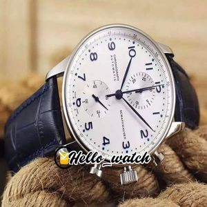 저렴한 새로운 40 9mm 스틸 케이스 Miyota Qaurtz Chronogrpah Mens 시계 화이트 다이얼 블루 마크 블루 가죽 스트랩 신사 시계 Hello Watch155V