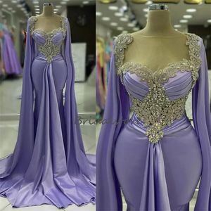 Luxury Lilac sjöjungfru aftonklänning 2024 med Bolero Dubai Arabiska abaya promklänningar med kristall sexig formell ceremoni party klänning elegant vestidos de noche mariage