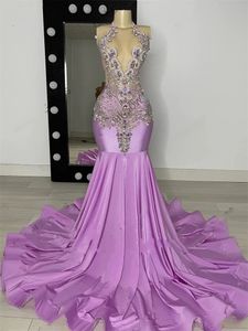 Purple Halter Long Prom -klänningar för svarta flickor med pärlor med Crystal Diamond Birthday Party Dresses Mermaid aftonklänning Robe de Bal