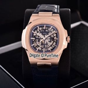 Neue klassische 5711 Rose Gold Blue Skeleton Big Logo Asia 2813 Automatik Herrenuhr blaues Lederarmband Uhren 12 Colos Puretime PB30222T