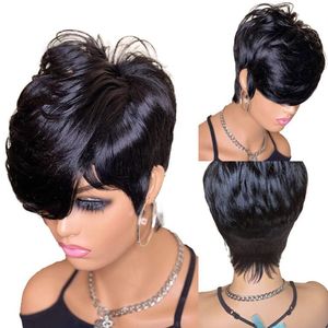 Short Wavy Pixie Cut Full Machine Made Human Hair Wigs