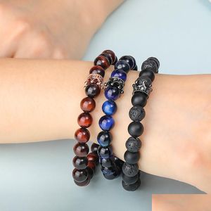 Z koraliki najnowsza lawowa bransoletka Kobiety kobiety Mężczyźni Moda Korona urok Tiger Oczy Agat Kamień Naturalny Uzdrowienie Ncing 8 mm Bracelarie Żyd Dh1ep