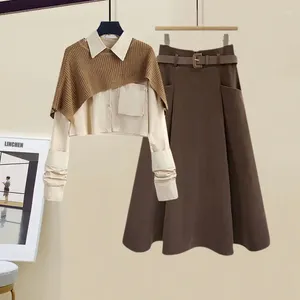 Vestidos de trabalho feminino primavera outono malha xale camisa branca midi saia três peças coreano elegante chique vestido conjunto combinando roupas femininas