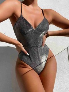 Kvinnors badkläder Luxury Rhinestone Shiny Silver One Piece Swimsuit Women 2024 Sexig paljett Push Up Glitter Monokini Beach Bathing Suith24222