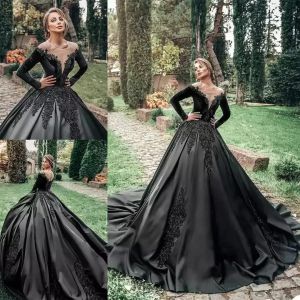 2024 Princess Plus Size Unique Black Gothic Ball Gown Wedding Dresses Bridal Gowns Sheer Neck Satin Long Sleeves Lace Appliqued Beading Dress Marriage