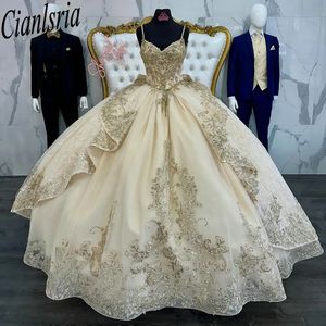Champagne Beading Ruffles Bow Ball Gown Quinceanera Dresses Spaghetti Strap Sequined Appliques Lace Sweet 16 Vestidos De 15 Anos
