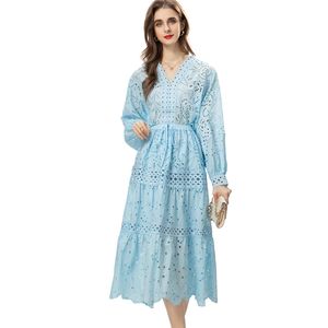 Women's Runway Designer Two Piece Dress Sexy V Neck Long Sleeves Embroidery Blouse with Hollow Out Skirt Twinset Sets